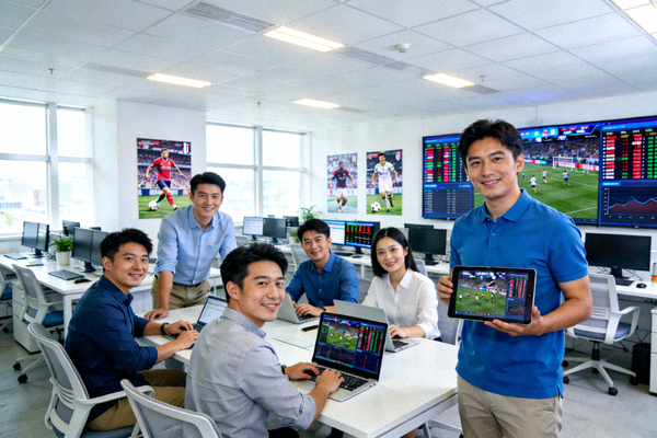 虎扑体育团队在现代化办公室内协作的工作场景